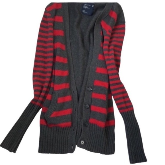 American Eagle V neck Striped cotton wool  Blend Cardigan Sweater - Picture 3 of 8